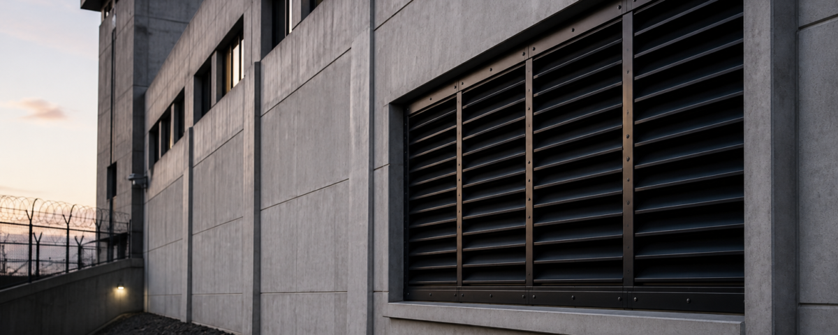 Secure concrete facility with blast-resistant ventilation louvers